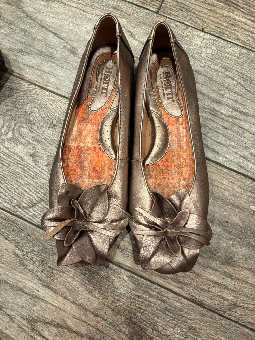 Born Bronze Leather Flower-Accent Ballet Flats